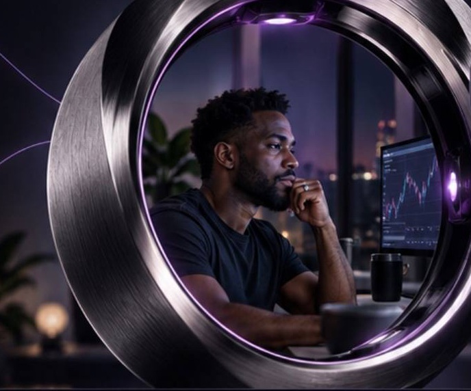 Jawad Khalifa at his desk, seen through GO SENSE, with GO OS on screen